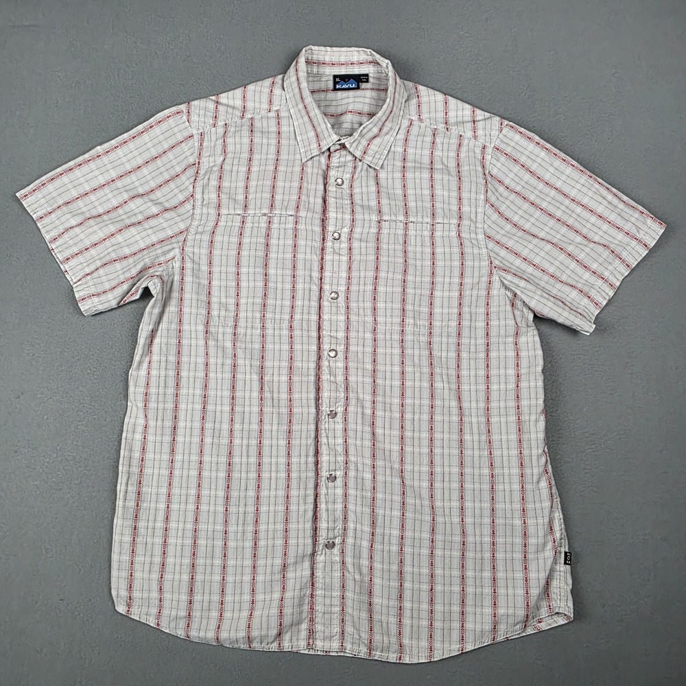Kavu Shirt Mens X-Large White Red Pearl Snap Geometric Vertical‎ Striped